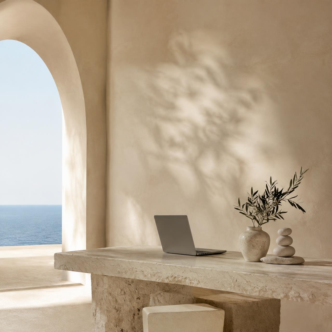 Espacio sereno con portátil y planta de olivo